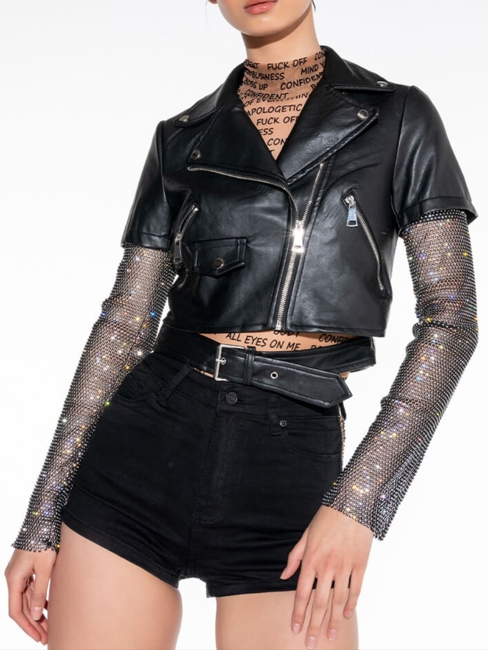 Faux Leather Rhinestone Bling Cropped Motorcycle Jacket - Large